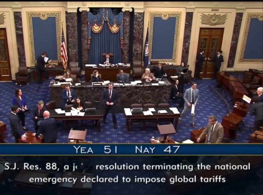 美国国会参议院刚刚以51票赞成、47票反对的投票结果，剥夺了唐纳德·川普征收关税