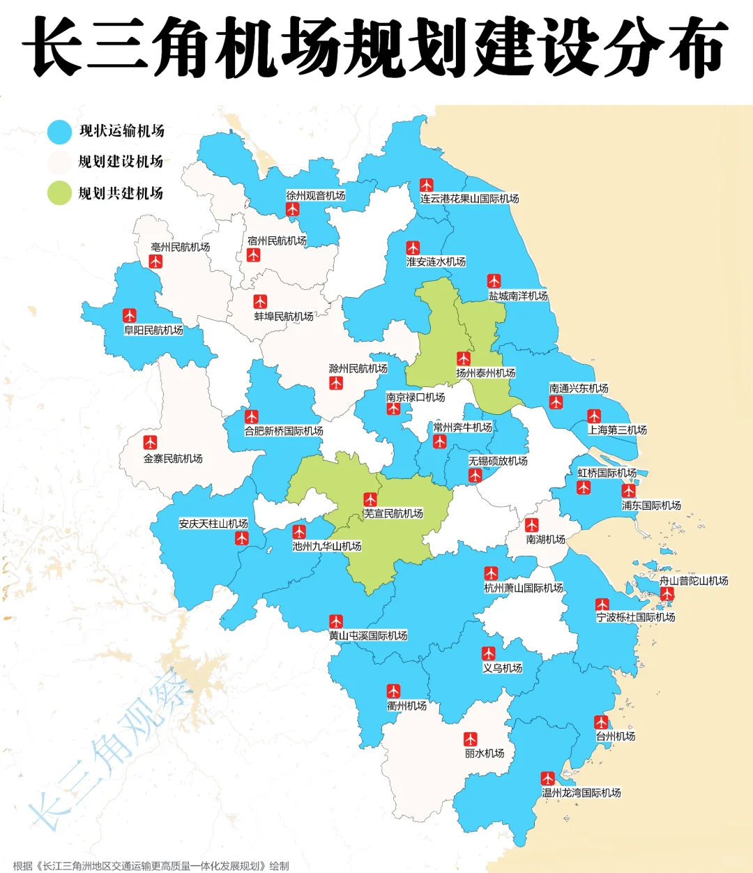 长三角民航机场建设规划，41城32座机场