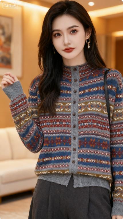 复古提花条纹针织开衫 时尚休闲宽松羊毛衫