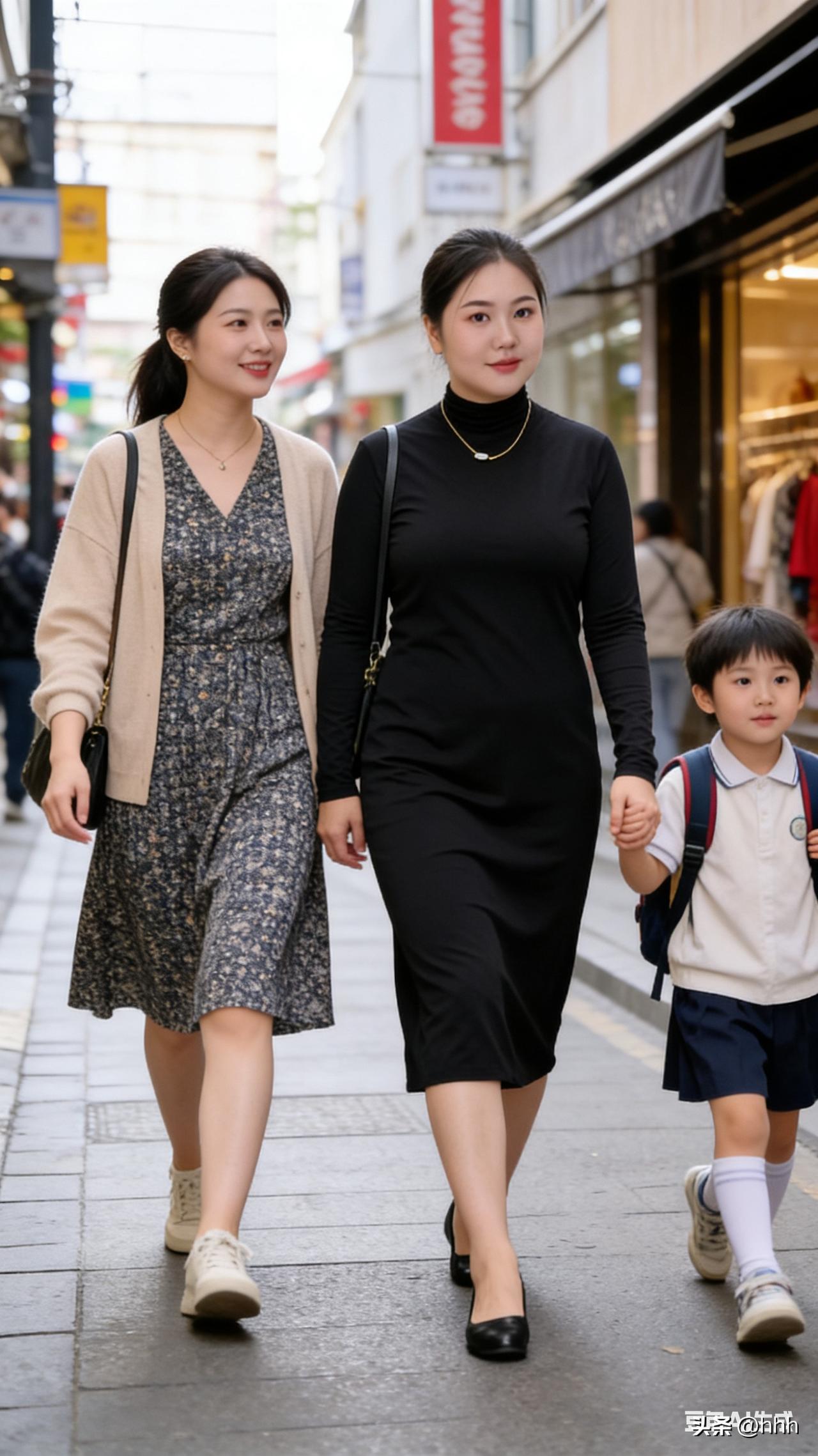 母子手牵手，温暖同行在繁华街头。