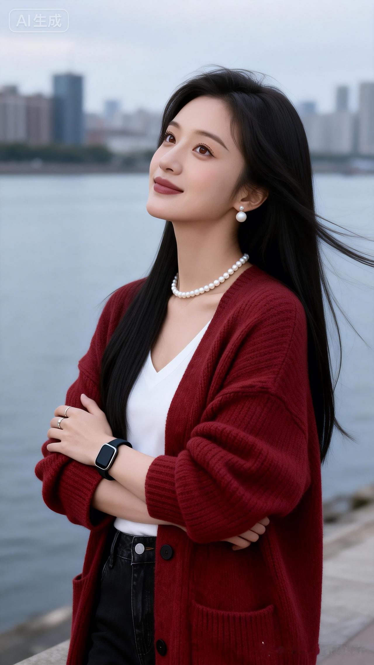 年轻东亚女性，鹅蛋脸肤白通透，杏眼明亮唇带豆沙色，愁绪轻凝若有所思。黑长直随风轻