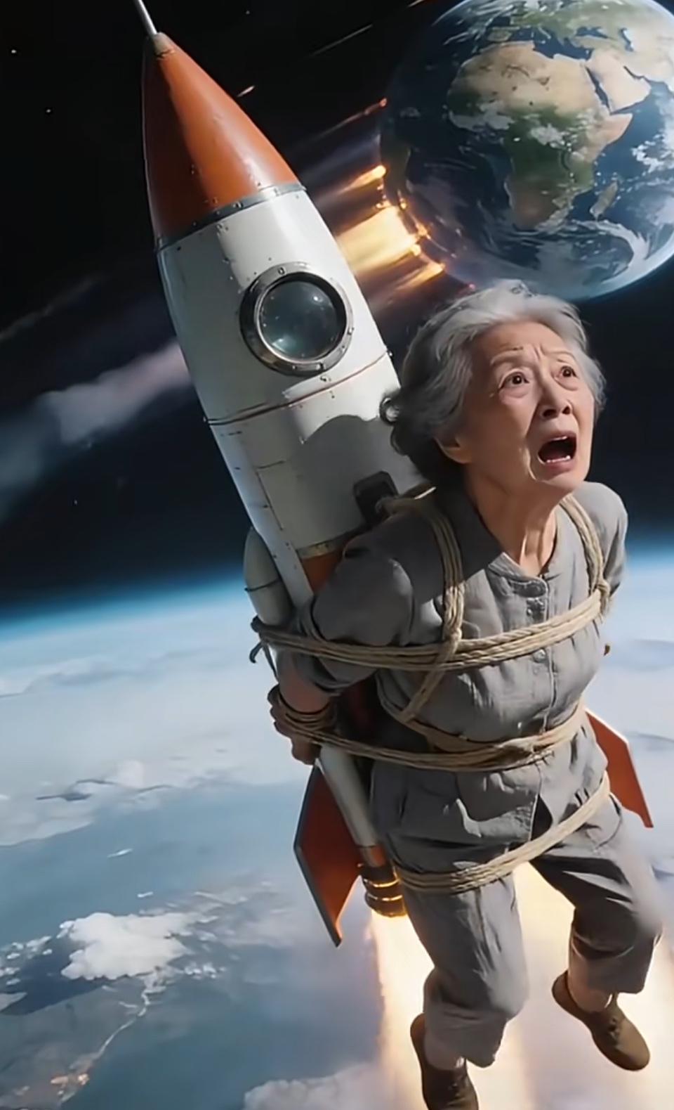 被火箭带着冲向天际的瞬间，奶奶的表情里写满了猝不及防的震撼，地球在身后渐远，这场