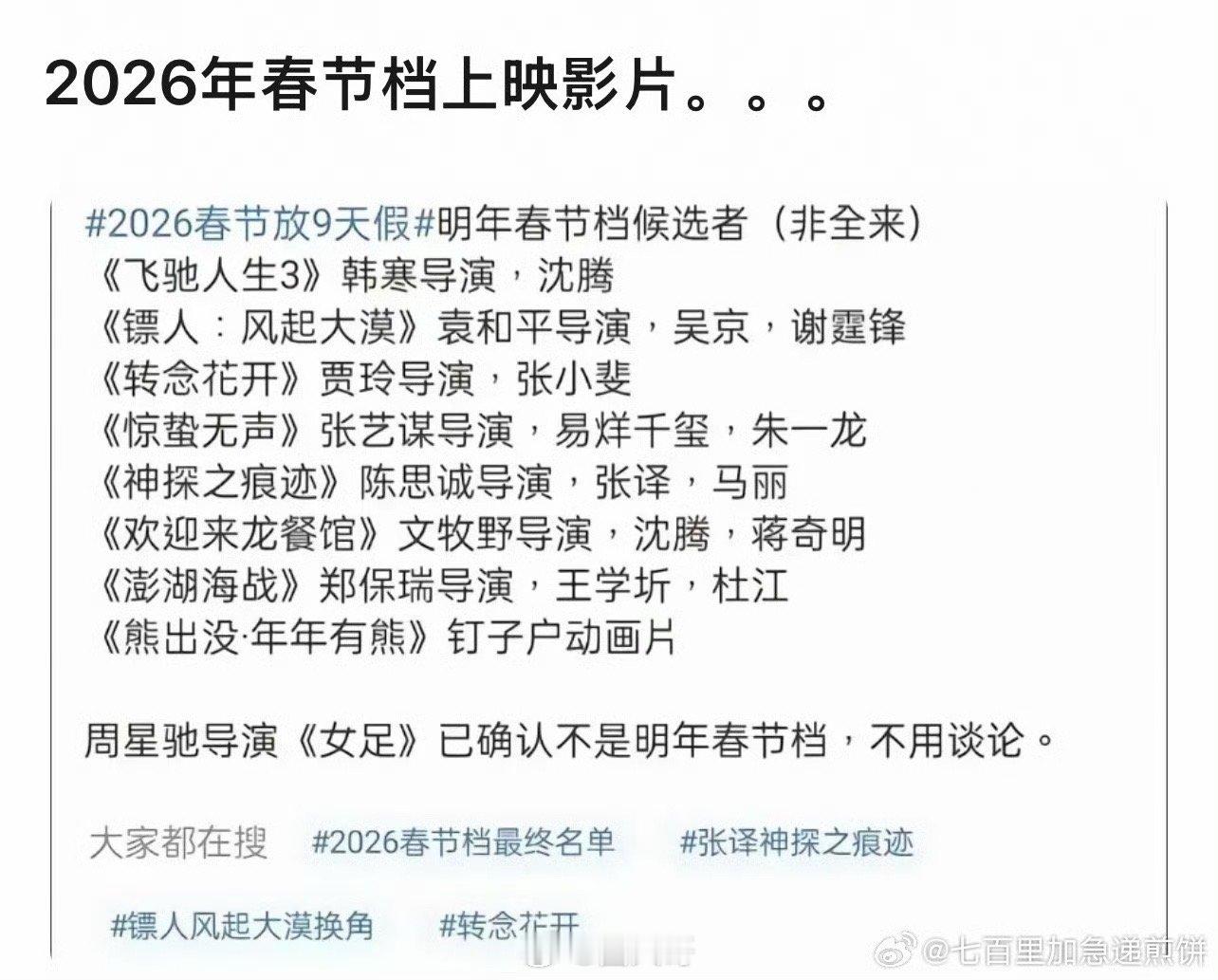 哇塞了！没想到2026春节档居然有这么多电影要来啊，《飞驰人生3》《镖人》《转念