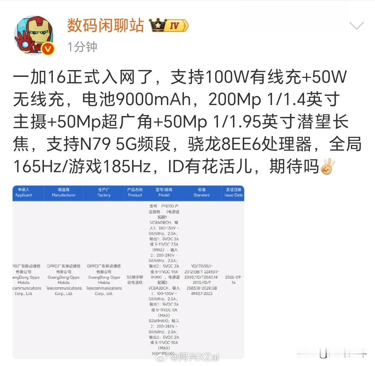 一加16入网了[灵光一闪]这个配置怎么样？和X10同款的两亿像素HPE主摄，im