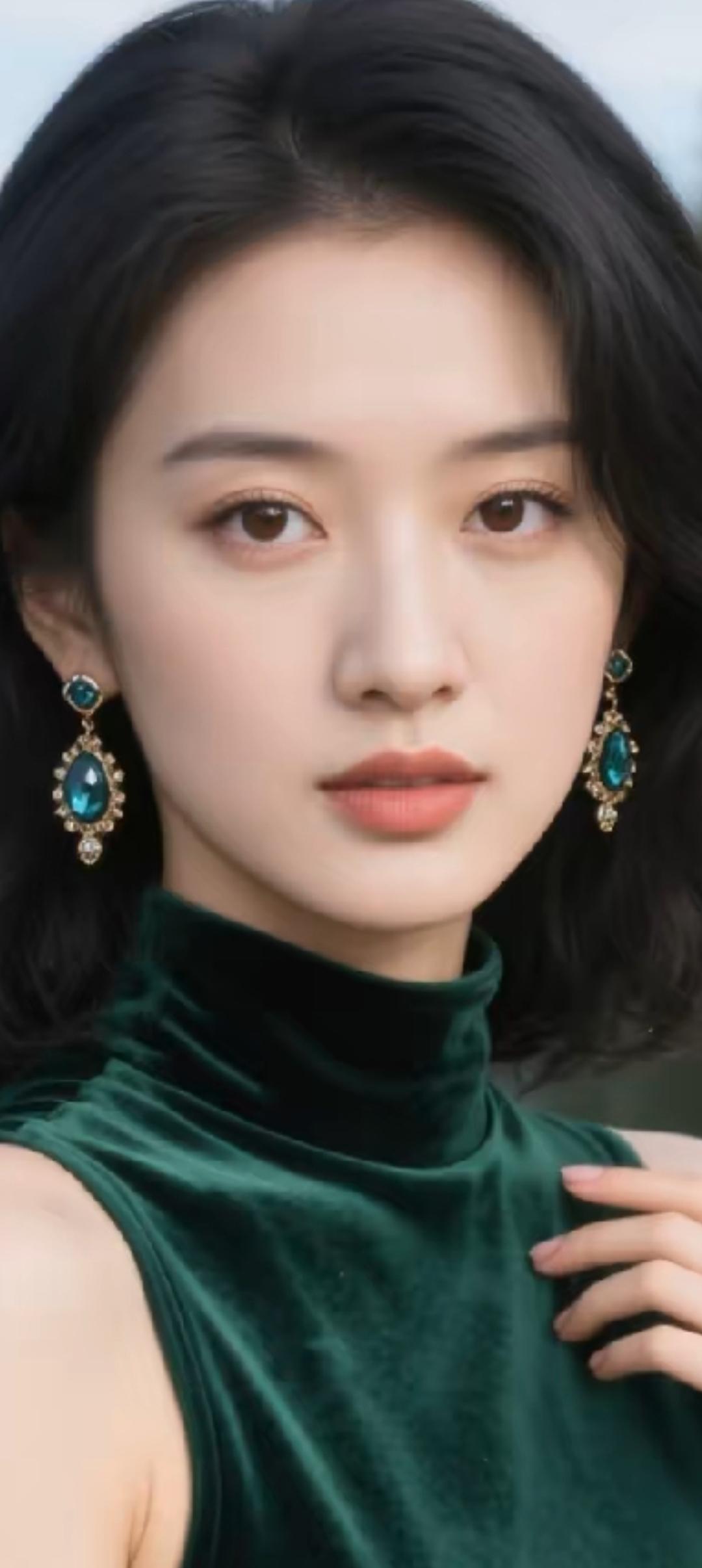 优雅绿丝绒连衣裙，搭配复古蓝宝石耳环，尽显高贵气质！💎🌿✨