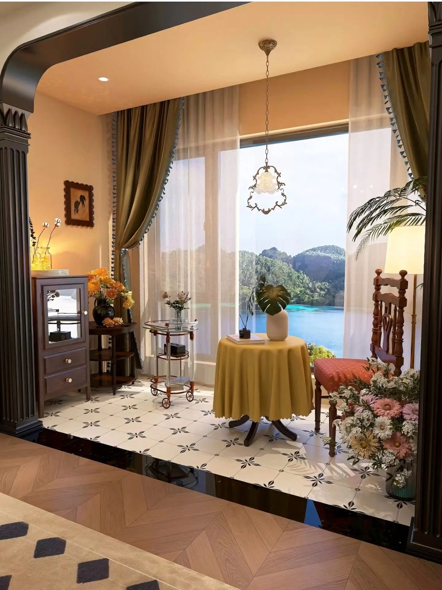 浪漫的法式复古风装修，复古绿的温暖，花砖的精致，胡桃木的自然，营造出温...