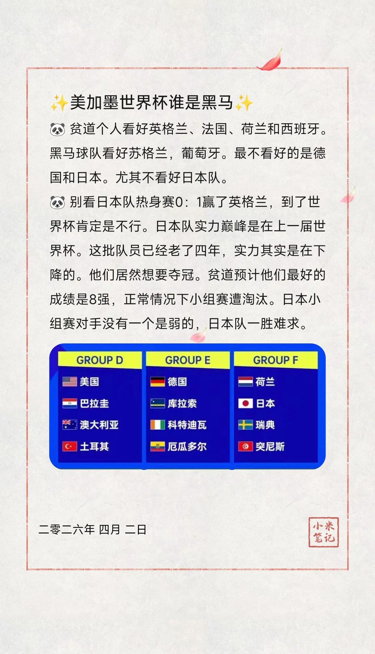 ✨美加墨世界杯谁是黑马✨。🐼 贫道个人看好英格兰、法国、荷兰和西班牙。黑马球队