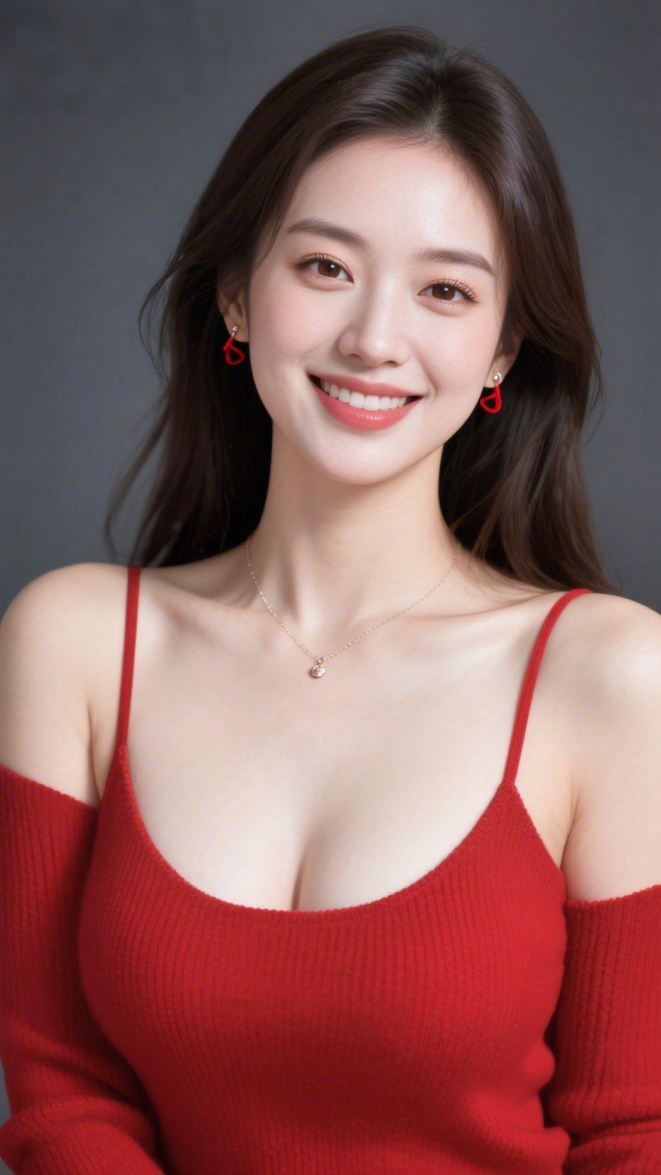 《红衫裹满柔光》
 
深红针织裙带着绒绒的温软，肩线舒展间，衬得气质愈发从容。耳