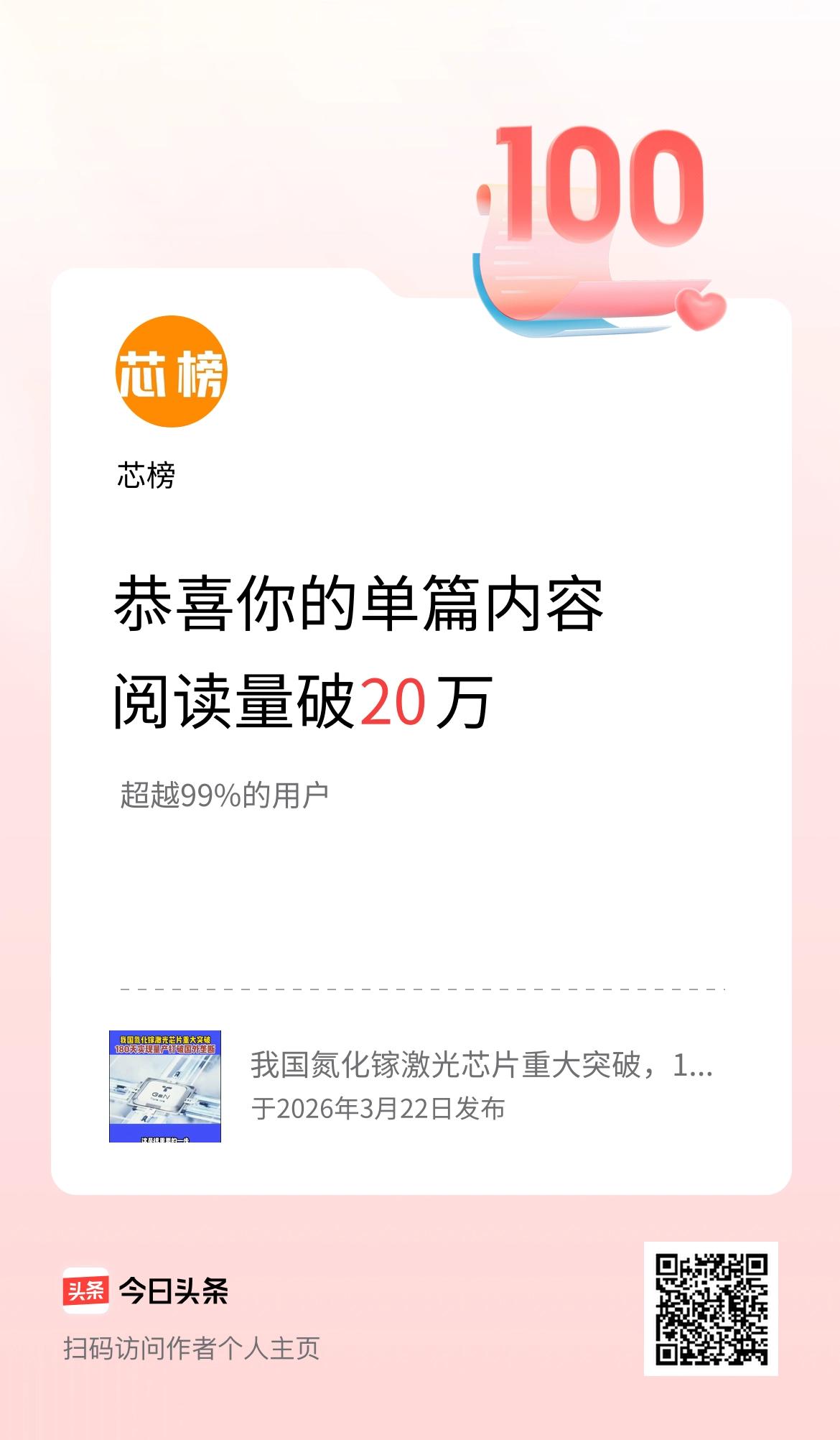 单篇内容获得阅读量破20万啦！