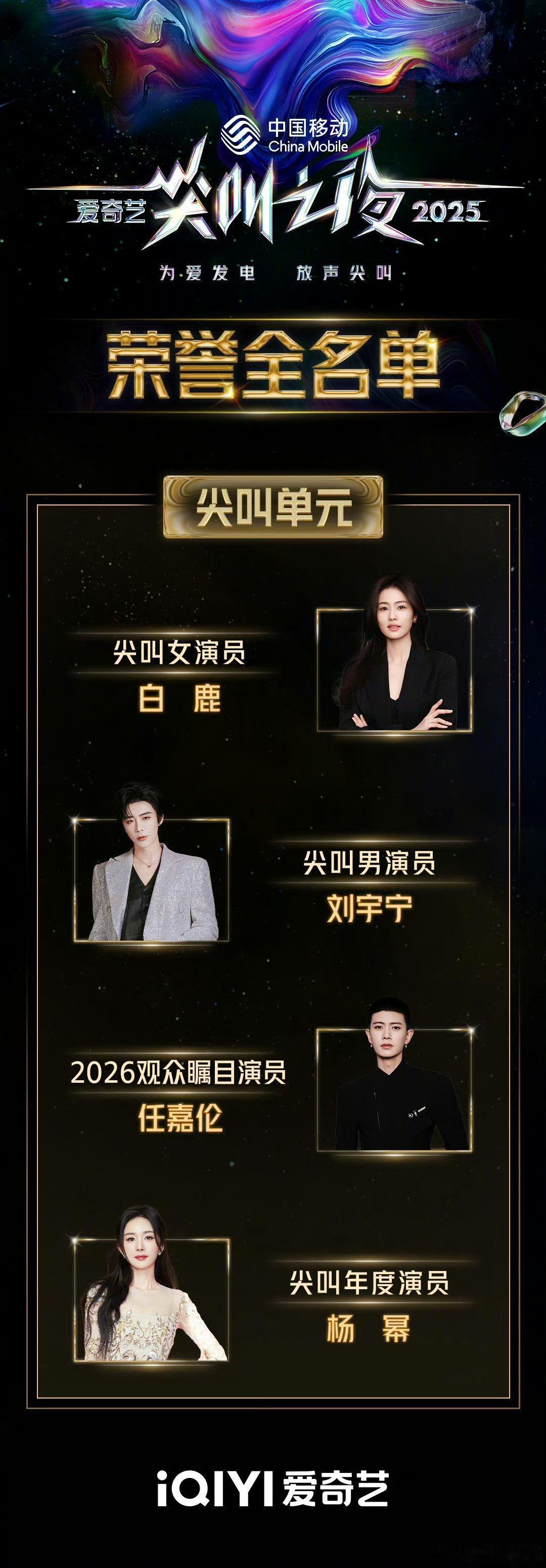 2025尖叫之夜荣誉全名单实至名归，年度尖叫演员杨幂，尖叫女演员白鹿，尖叫男演员