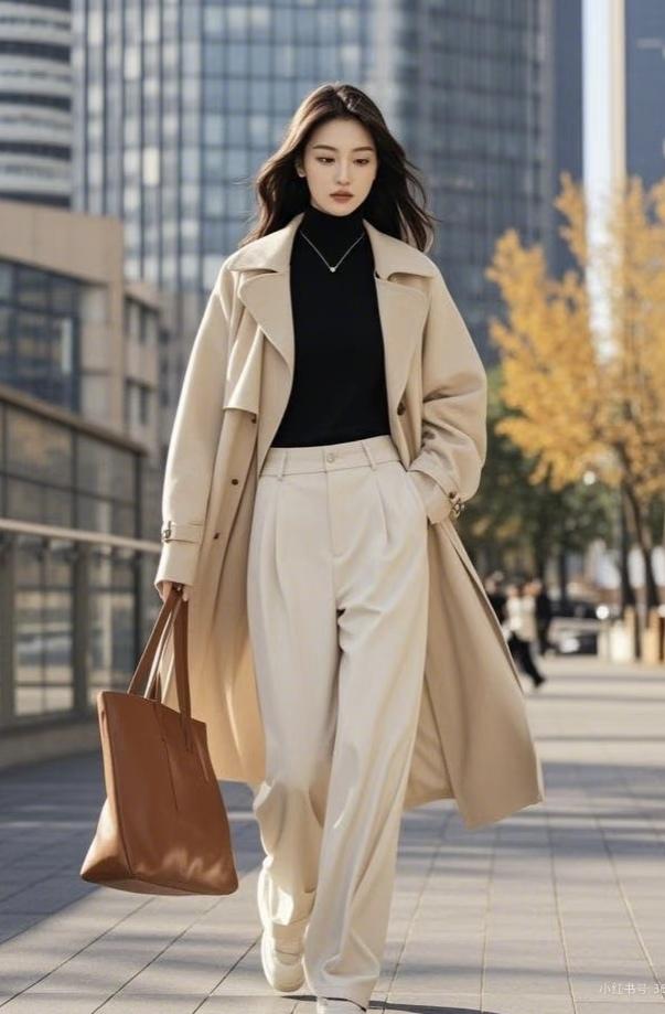 比如早春季节的卡其色风衣，版型利落大气，一眼就给人气质感，而且能很好修饰身形，无