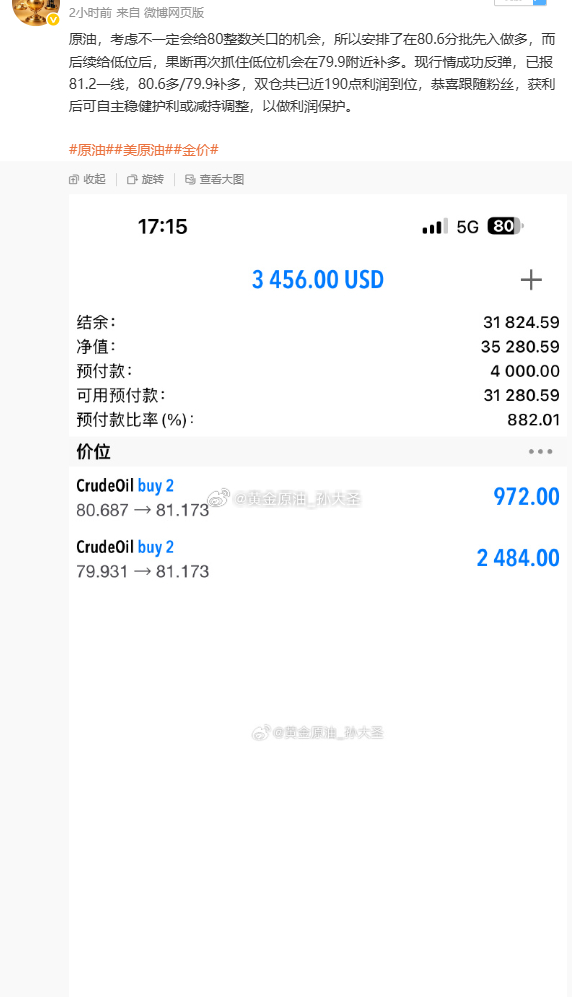 目前盘中单子情况：1、黄金单子入场后在持有中；2、原油80.6多/79.9补多，