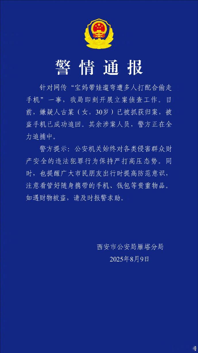 警方通报女子带娃遛弯遭多人打配合偷走手机【西安警方通报“宝妈带娃遛弯遭多人打配合