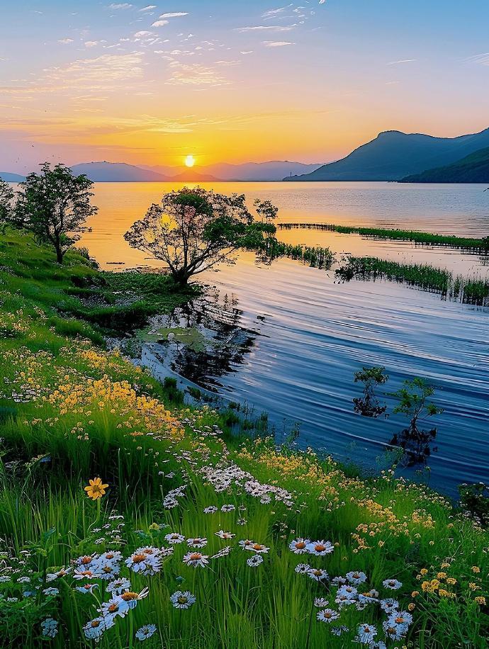 湖畔夕阳西下，如画般的美好。 ​ ​​​