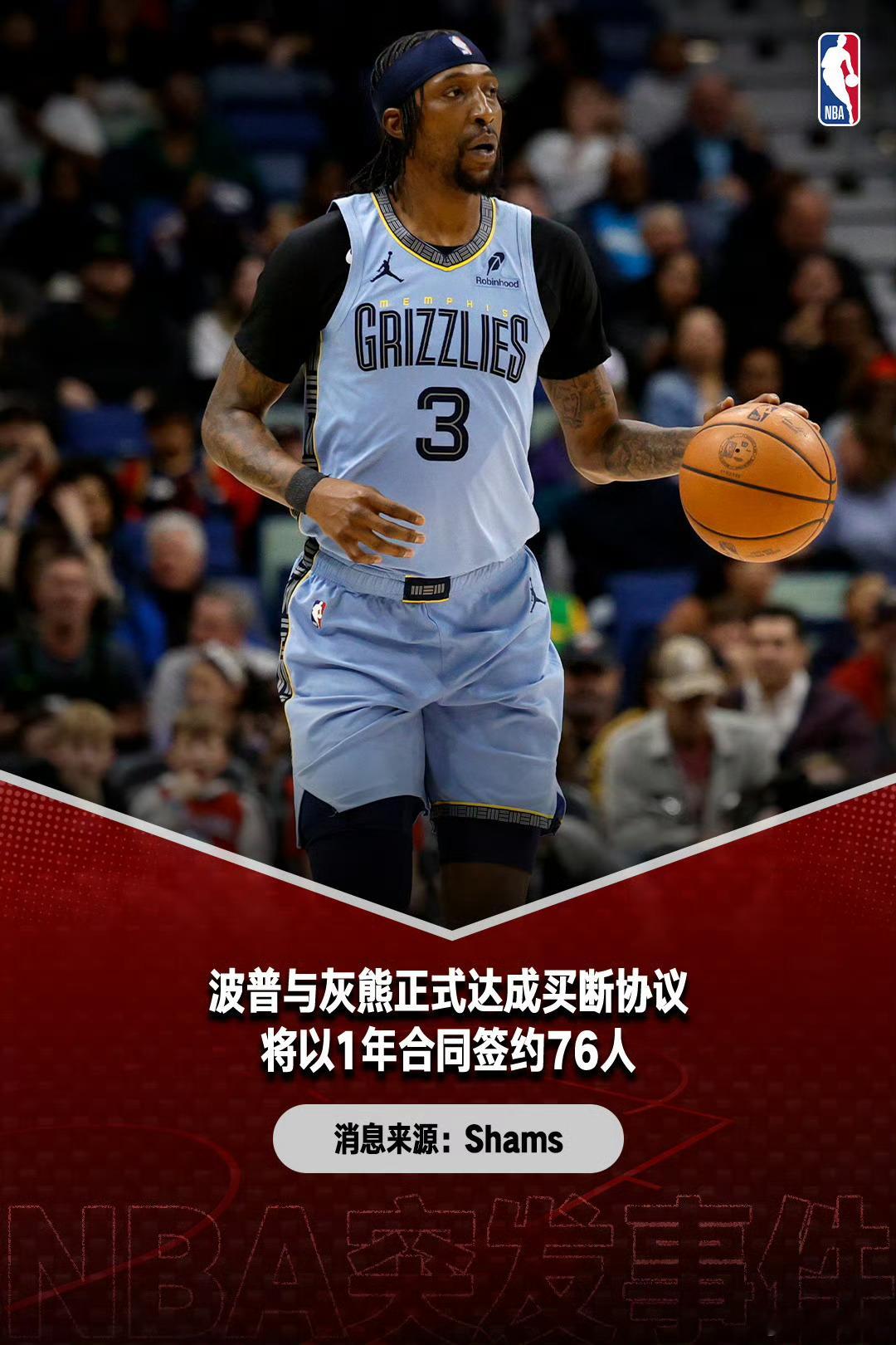 波普与灰熊达成买断 再迎强援！据NBA知名记者Shams报道，波普已经去灰熊达成