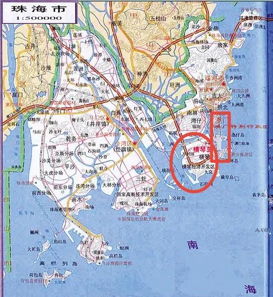 珠海市、珠海横琴岛、澳门特别行政区面积大小对比图。可以看到，珠海市面积已经够小了