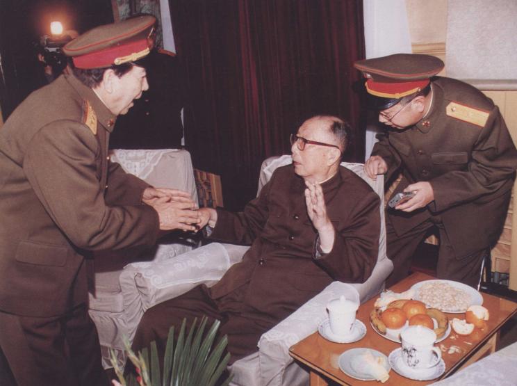 1990年1月24日，国防部长秦基伟上将来看望聂荣臻元帅。眼神中满满都是对聂帅的