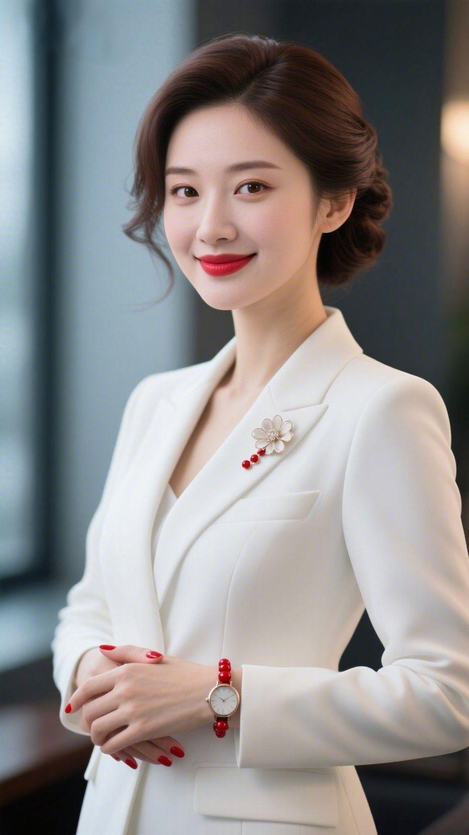 白西装里的温雅从容
 
浅调空间里，她身上的白西装像拢了层干净的光。
 
利落的