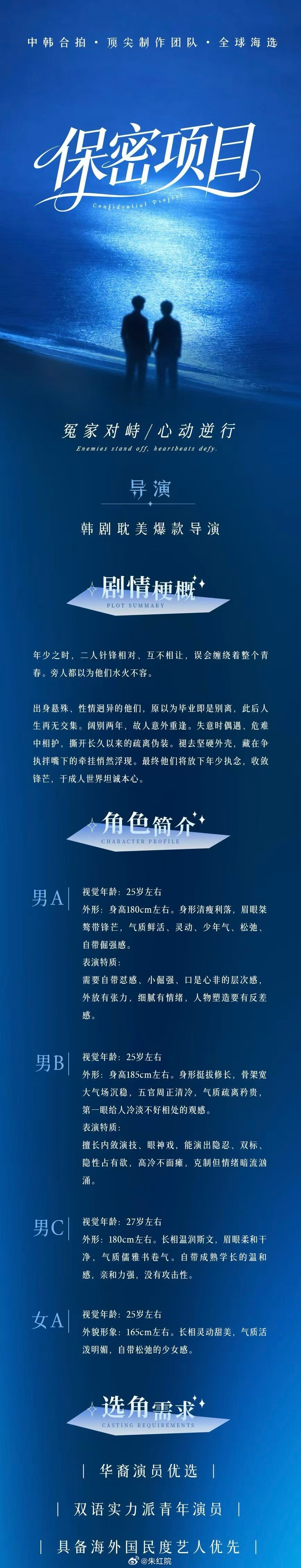 【中韩合拍保密剧集全球海选】简介：年少之时，二人针锋相对、互不相让，误会缠绕着整