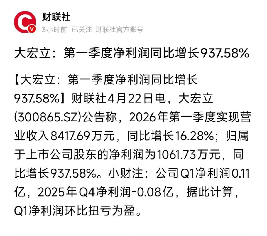 大宏立一季报：净利增937%、扣非增1948%！砂石设备龙头反转确认
 
投资必