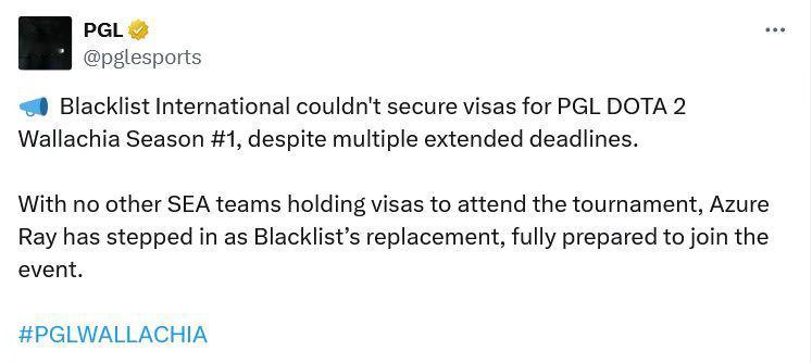 #DOTA2# PGL官方宣布：AR战队将替补Blacklist参加PGL瓦拉几
