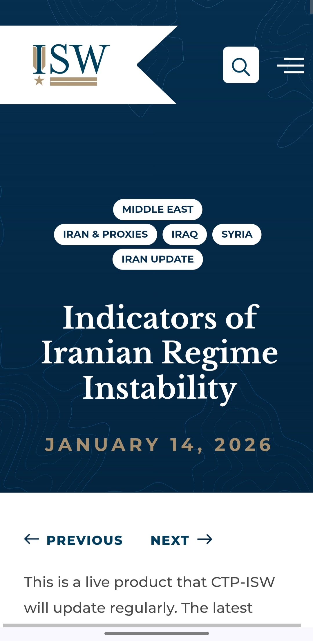 ISW 2026年1月发布《伊朗政权不稳定指标》，系统分析伊朗镇压体系，具有较高