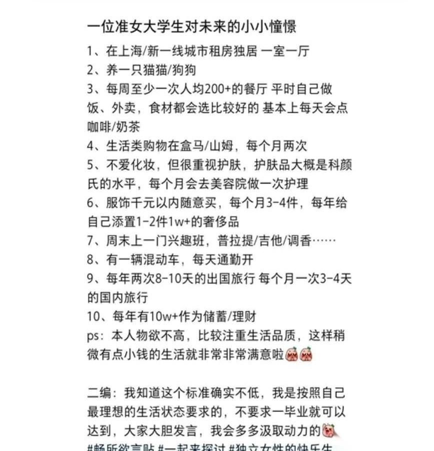 小红书上，一个准女大学生的帖子突然就火了。
她说自己没什么物欲，对未来的生活要求