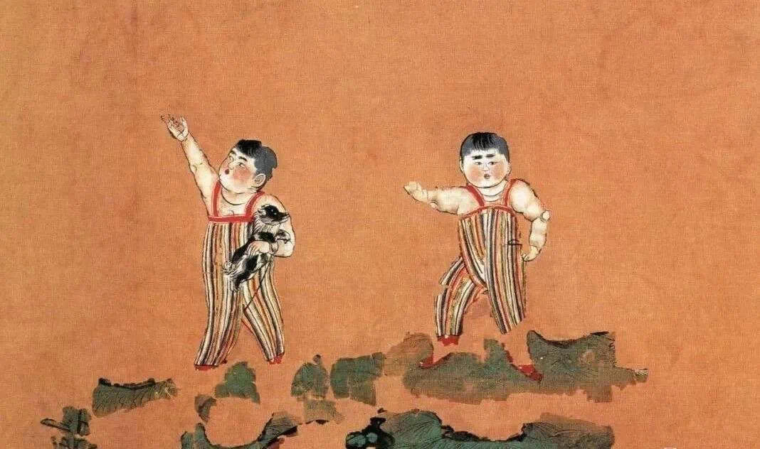 唐代的儿童背带裤 | 唐代 《双童图》，绢本设色，残59cm×47.3cm，新疆