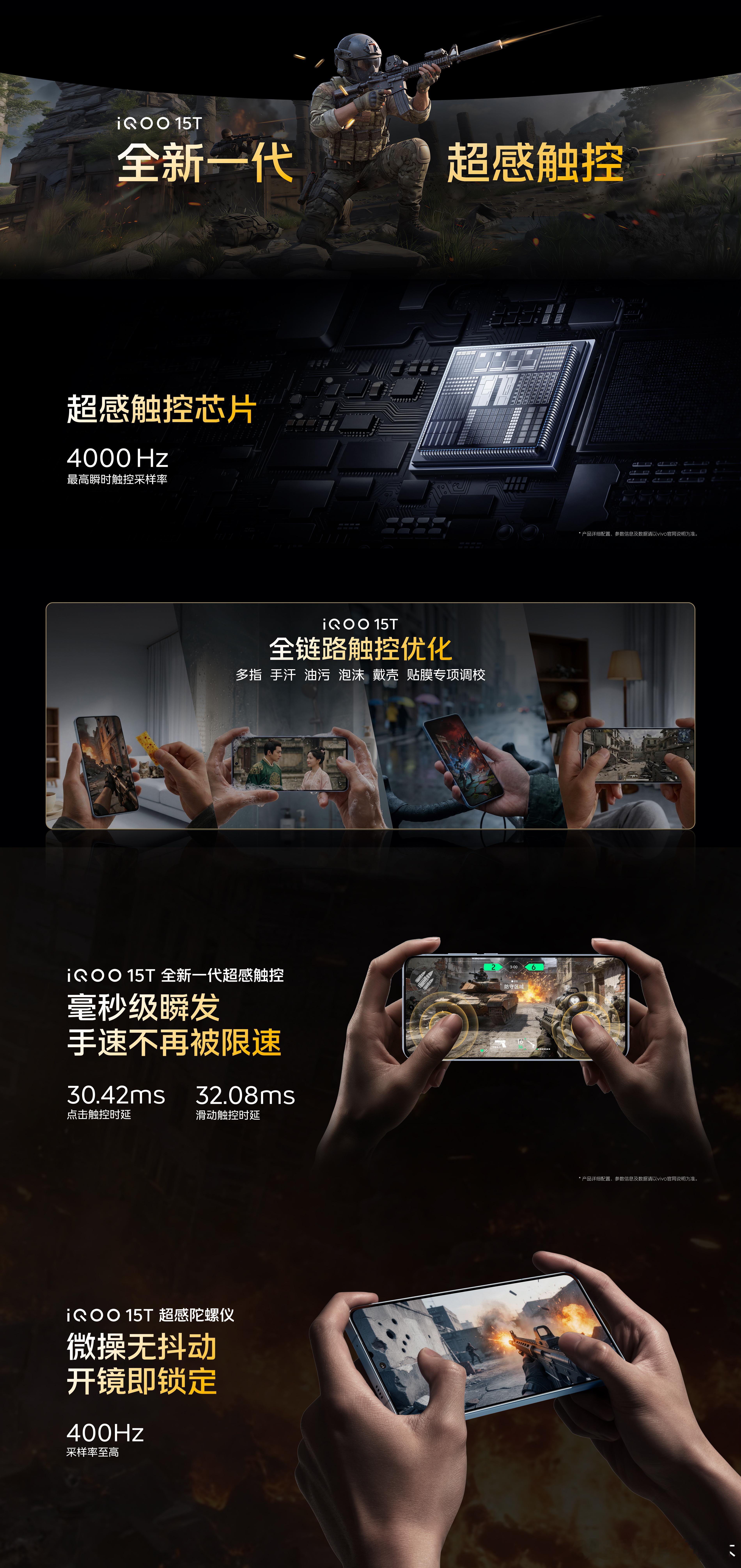 iQOO15T新一代超感操控：①超感触控芯片拥有至高4000Hz瞬时触控采样率，