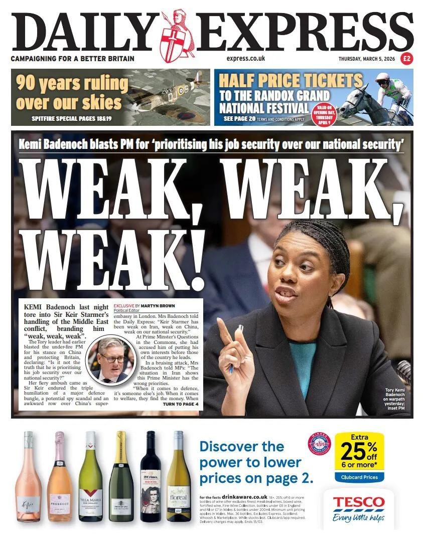 《每日快报》报道，英国保守党领袖凯米·巴德诺克称英国政府首相基尔·斯塔默爵士在处