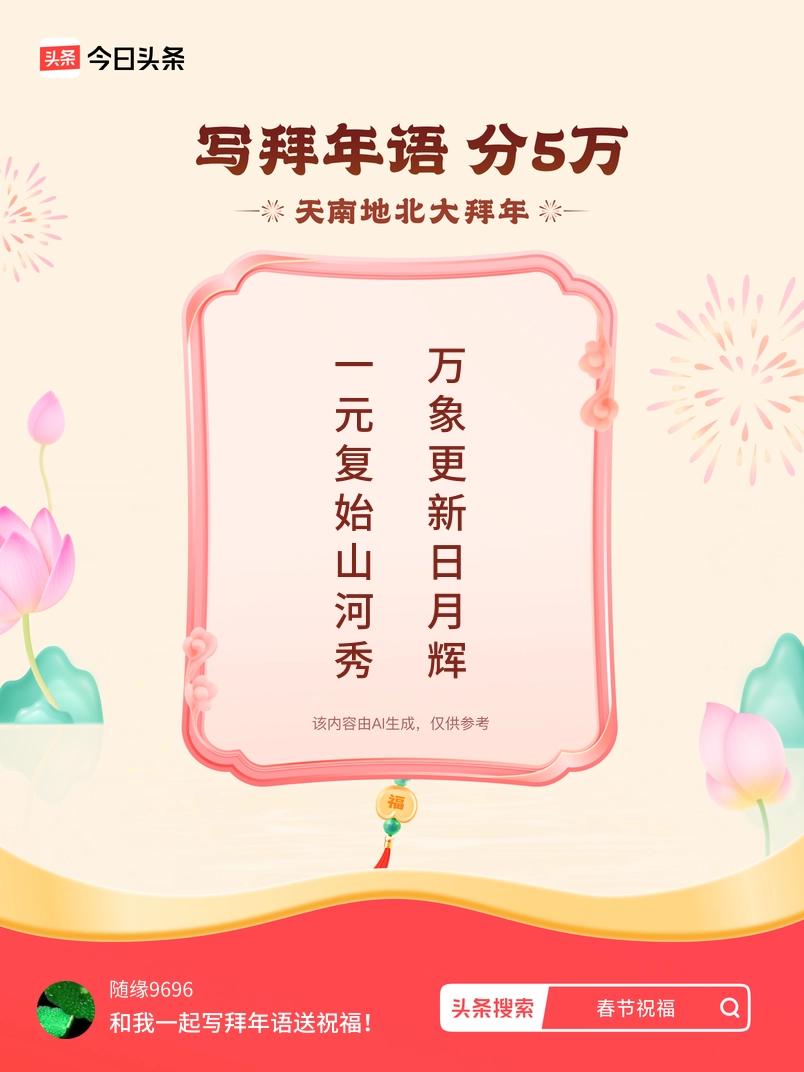 写拜年语送祝福新春拜年送祝福！我的祝福是：“一元复始山河秀，万象更新日月辉”！快