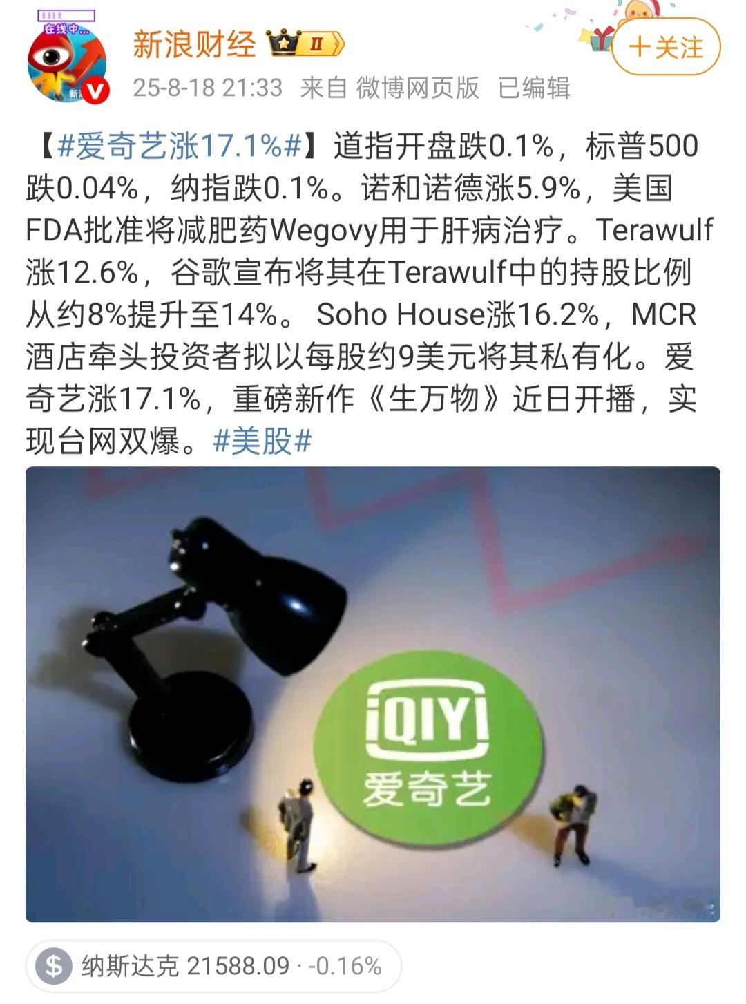 新浪财经：爱奇艺涨17.1%，重磅新作生万物开播，实现台网双爆。 ​​​