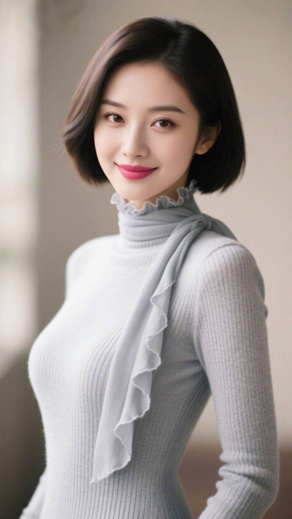 《浅灰里的轻柔余韵》
 
浅灰针织的纹路轻覆肩臂，颈间褶皱丝巾如舒展的云絮，没什