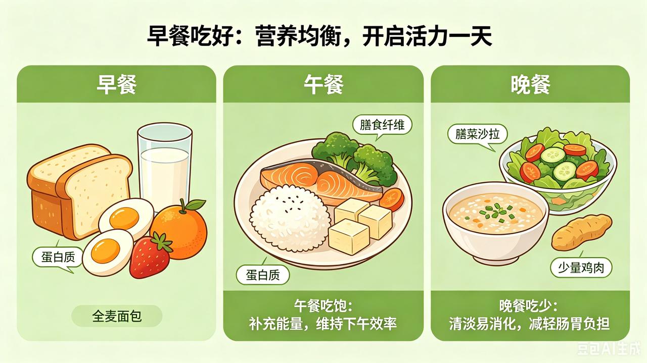 晚餐：七分饱即可，清淡为主，尽量睡前3小时吃完