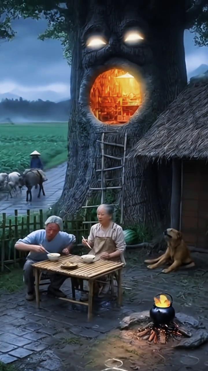 这雨说来就来，雷都炸了，快收拾。走进树洞，狗蛋跟上，小心梯子滑。