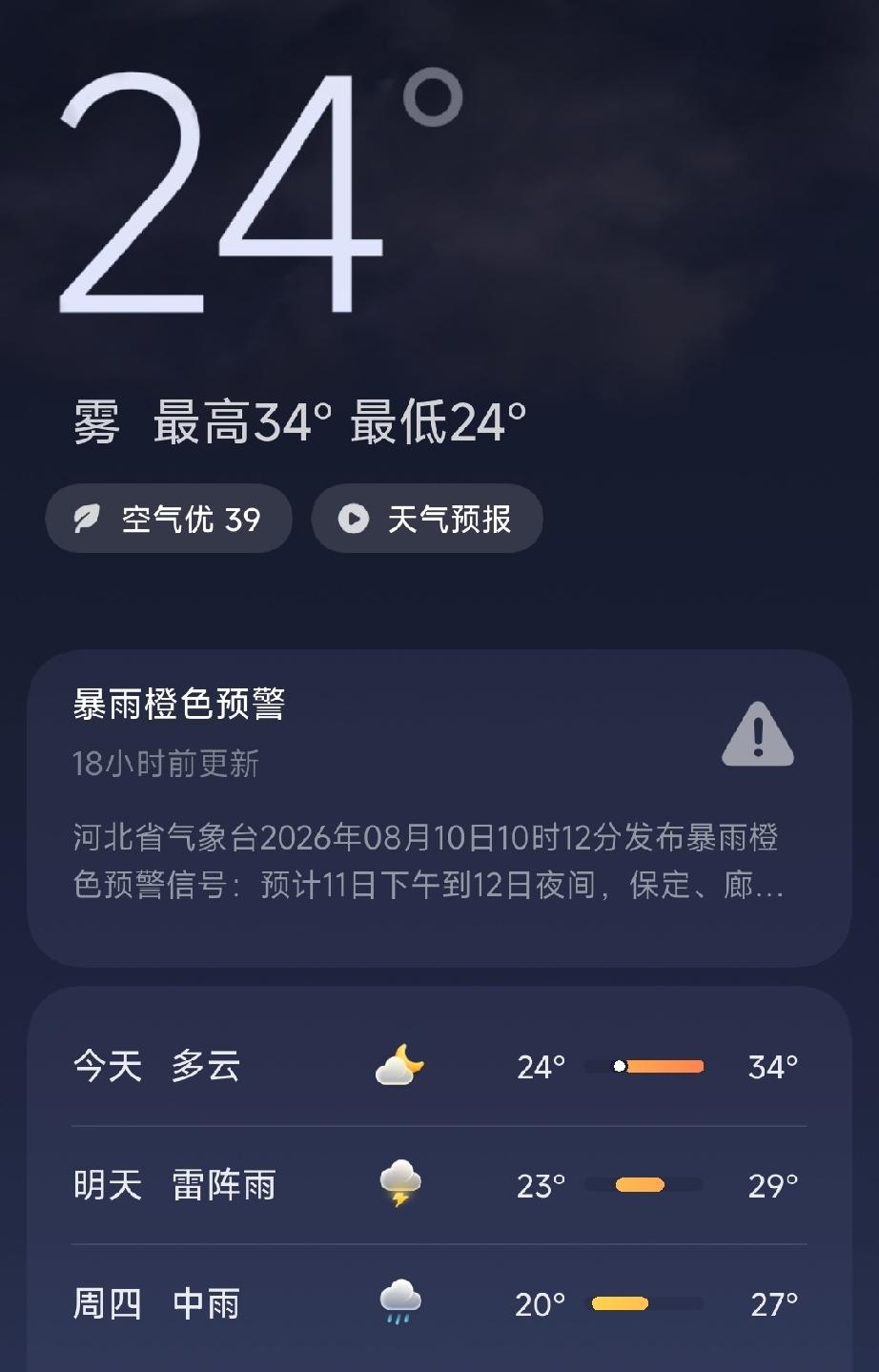 今天唐山的天气显示：多云，空气质量优，温度：24℃到34℃。
唐山发布：唐山港被
