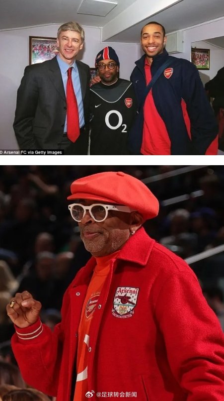 美国著名导演斯派克李在观看纽约尼克斯的比赛时穿上了阿森纳的服饰。斯派克李是尼克斯