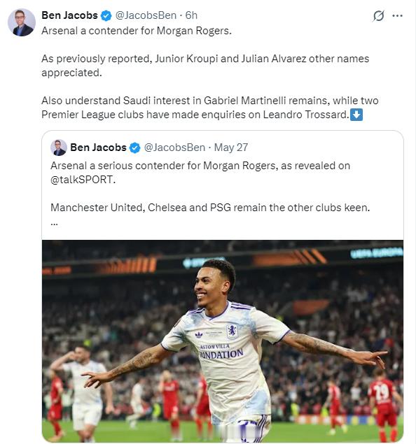 Ben Jacobs更新社媒：“阿森纳有意引进摩根·罗杰斯，克鲁皮和阿尔瓦雷斯也
