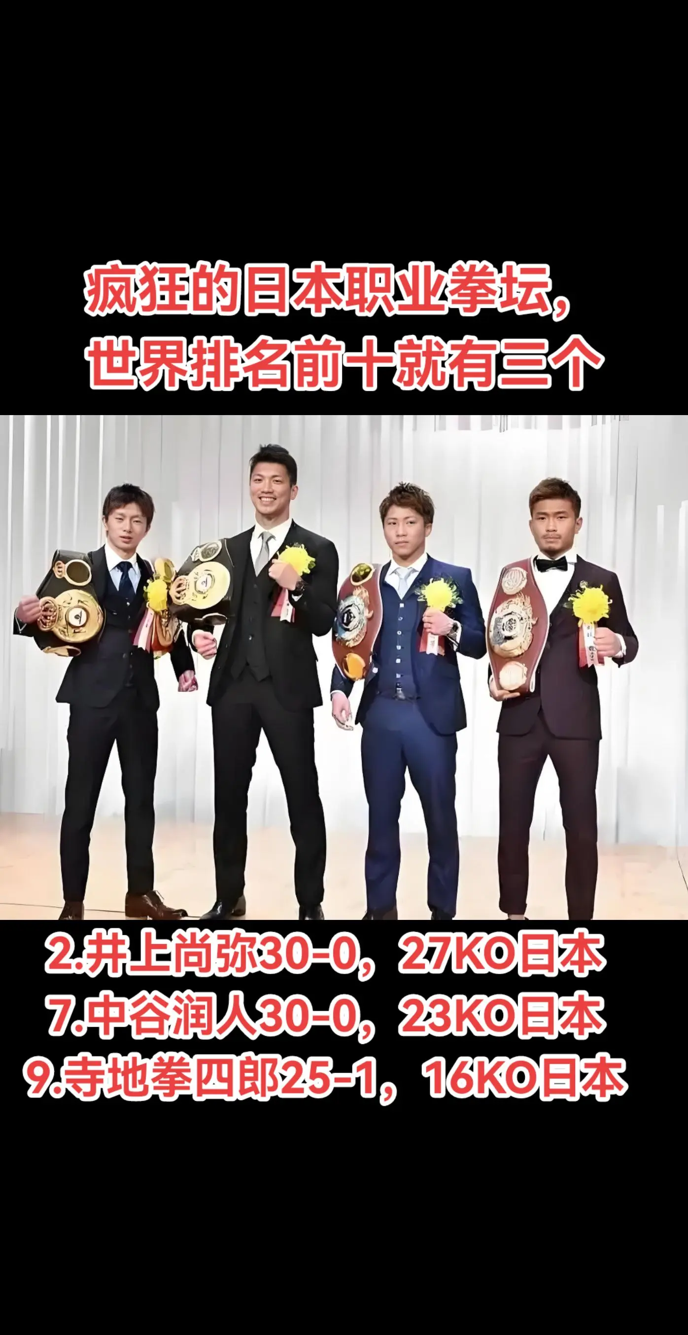 疯狂日本职业拳坛，前十就有三人，中国无。前十的三人 2.井上尚弥30-...