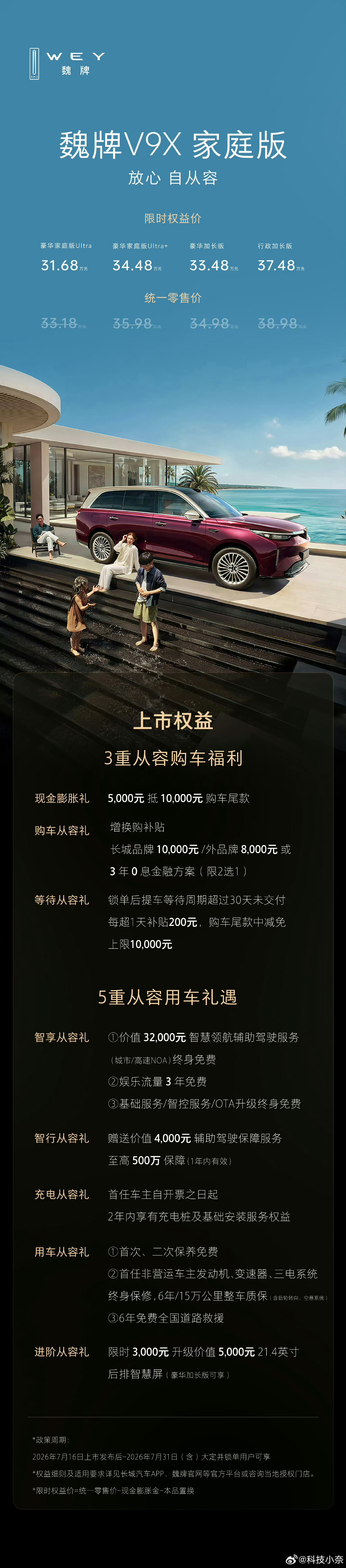 肯定很多普通家庭都在盼着这款车型推出亲民版本，如今魏牌V9X家庭版正式和大家见面