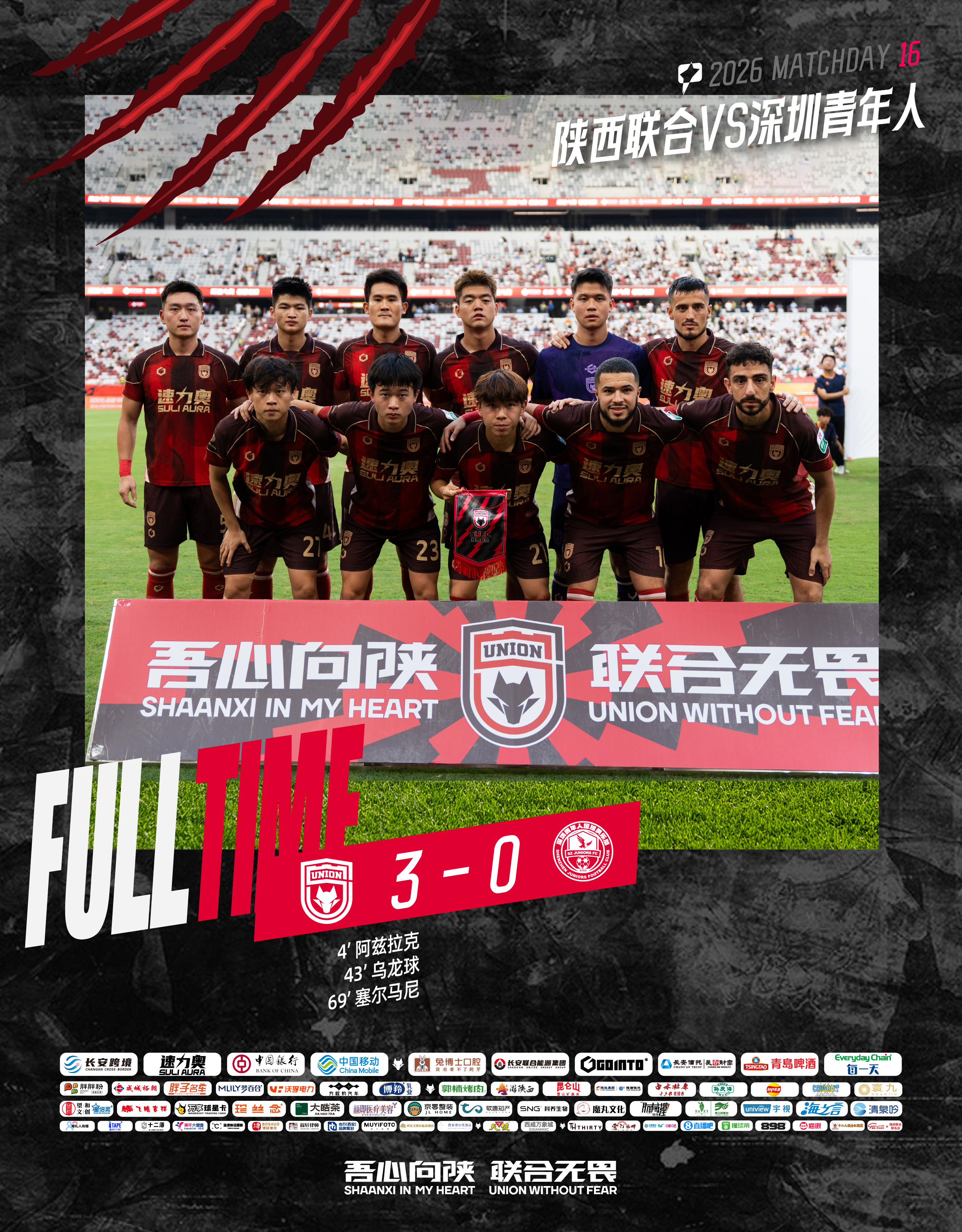 FULL TIME 🔺中甲第16轮陕西联合主场3:0战胜深圳青年人感谢球迷陪伴