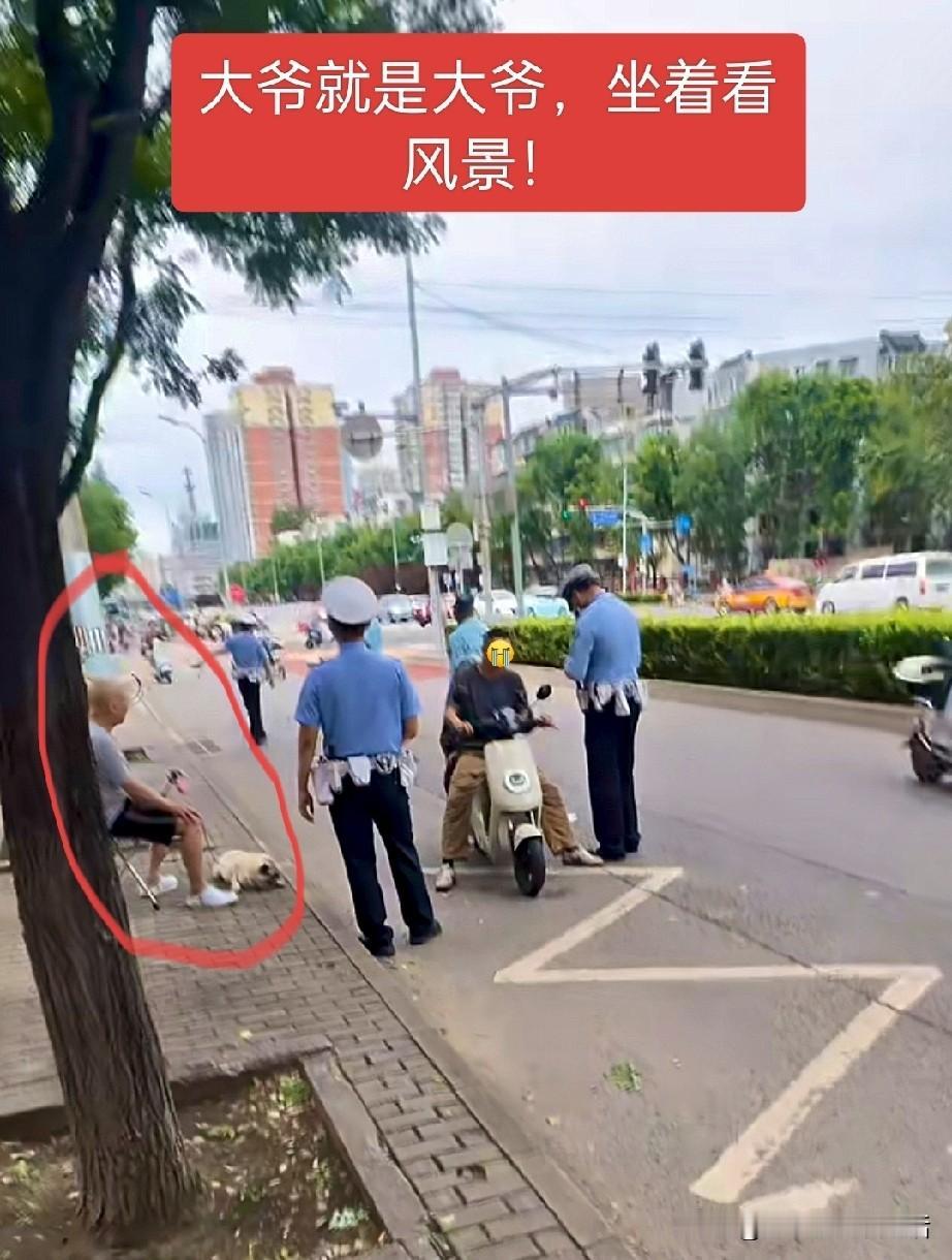 这大爷估计是退休了吧！路口交警在查电动车，骑车的小伙子被拦下来，正配合检查。
旁