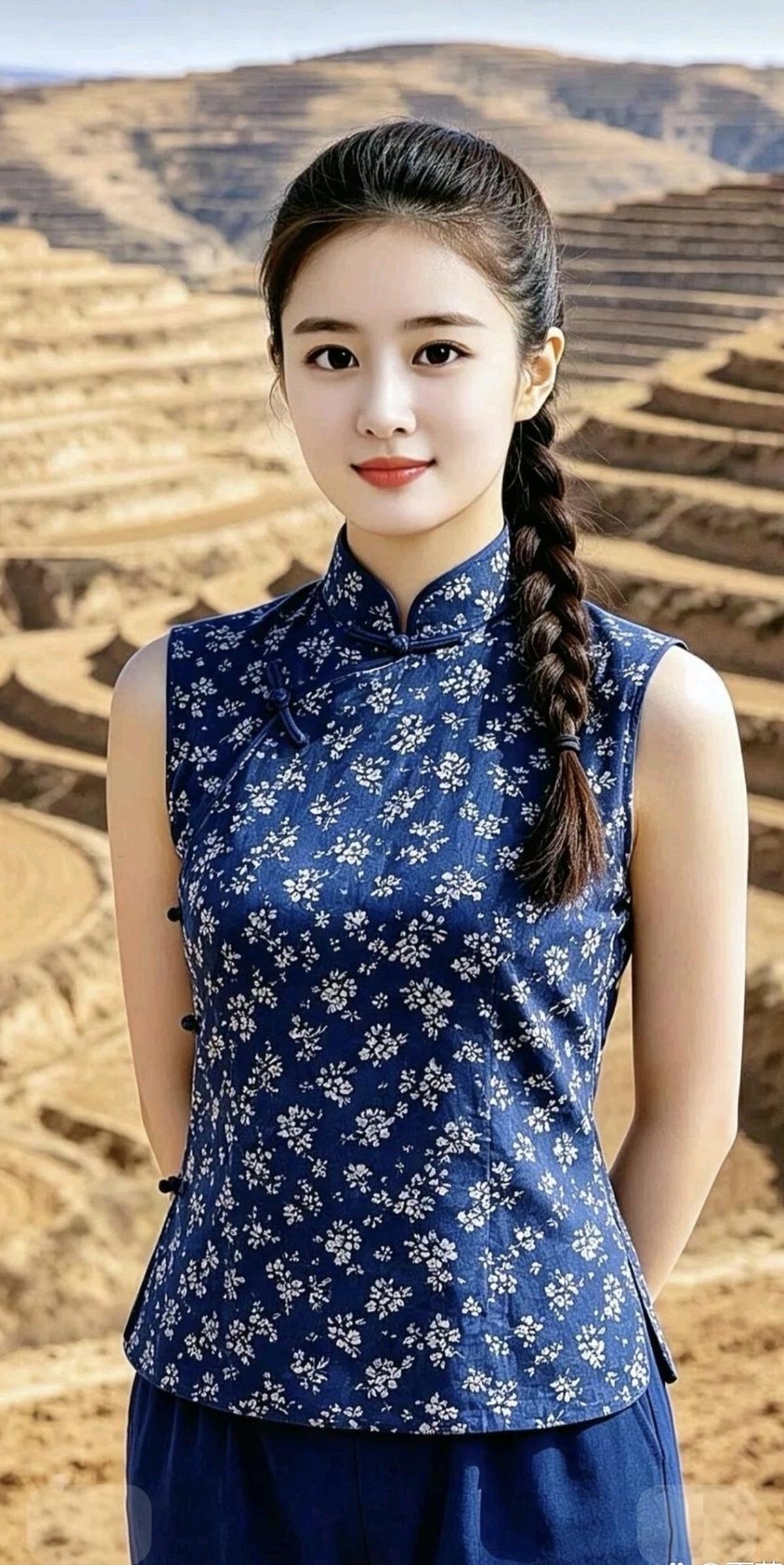 肤白貌美蓝布衫，
宛如仙女到眼前。
陕北高原多佳丽，
…………………………
请你