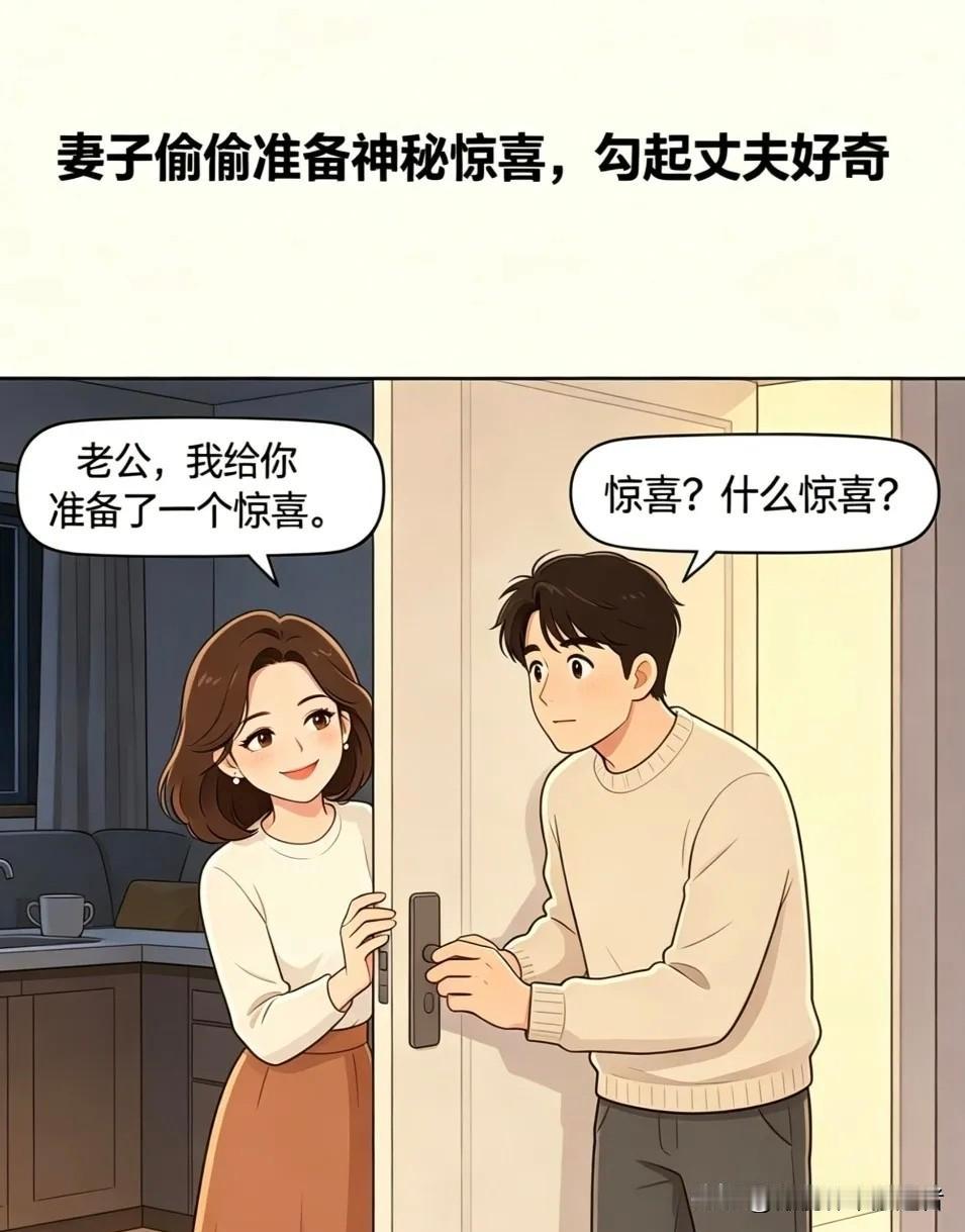 趣味漫画：妻子：老公，我给你准备了一个惊喜。老公：惊喜？！什么惊喜？妻子：你把眼