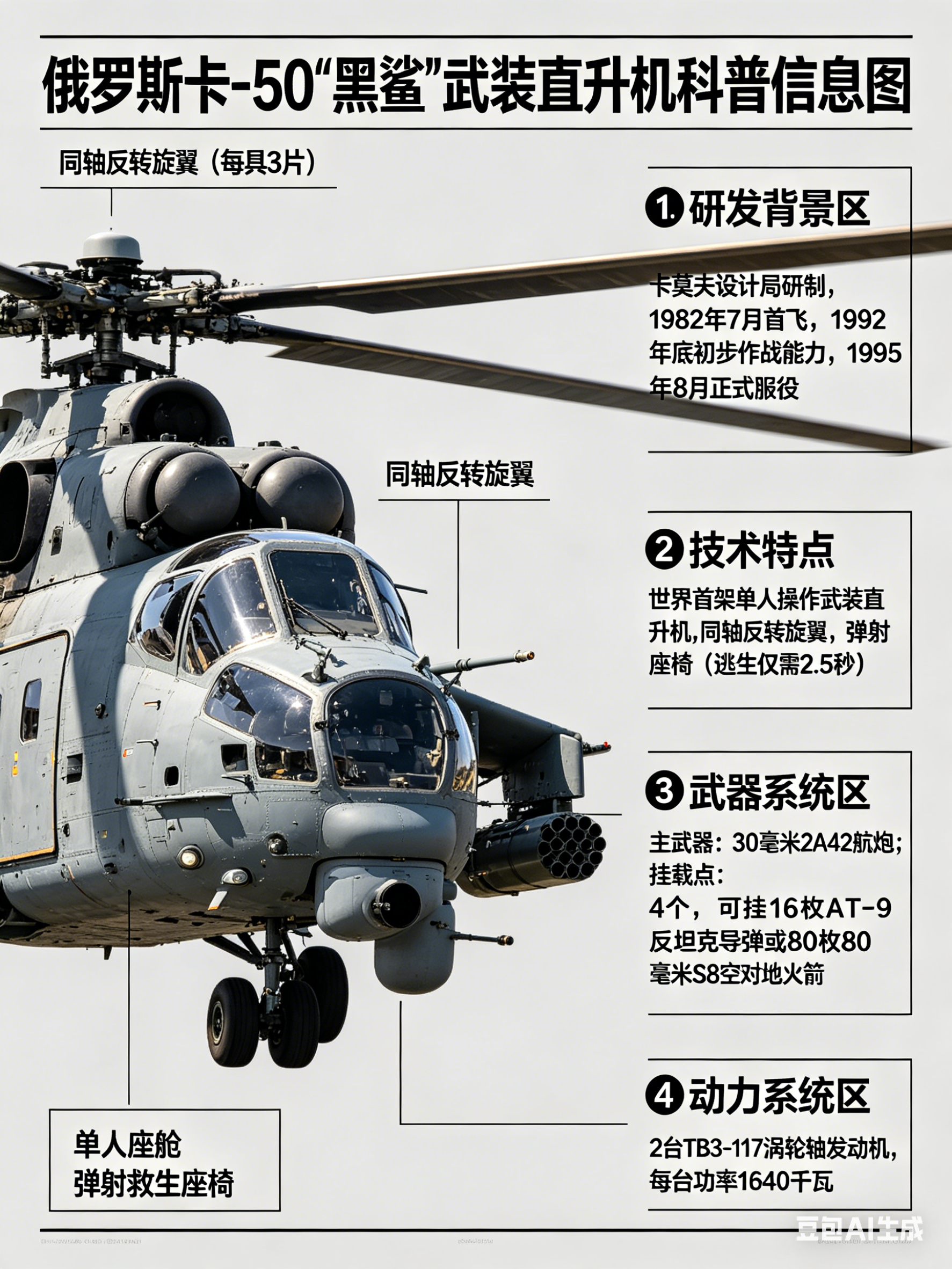 军事ai新视野 俄罗斯卡-50“黑鲨”武装直升机卡-50“黑鲨”是卡莫夫设计局研
