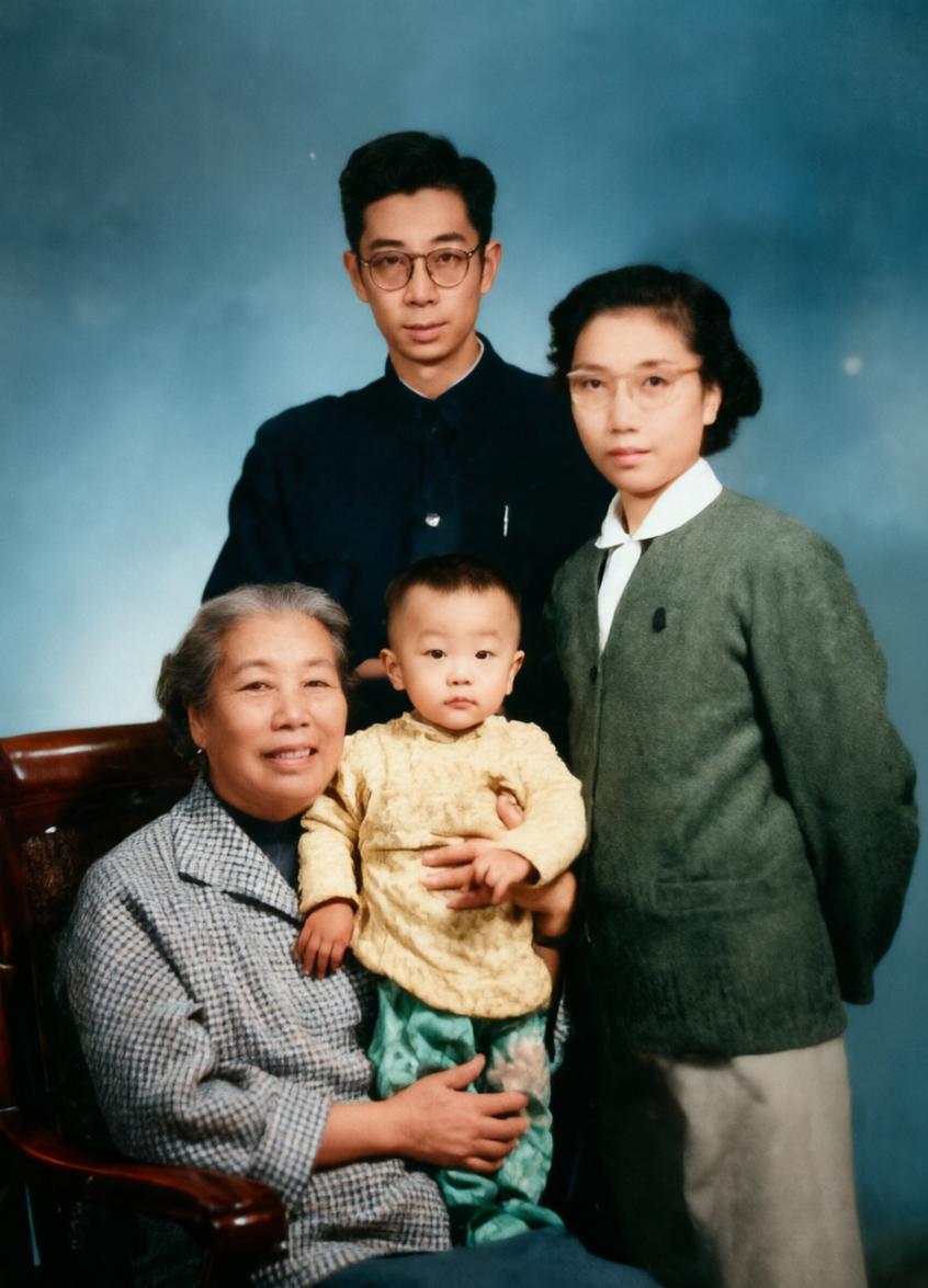 60年代，许广平抱着孙子、与儿子周海婴、儿媳在一起时的合影，温馨又幸福。
