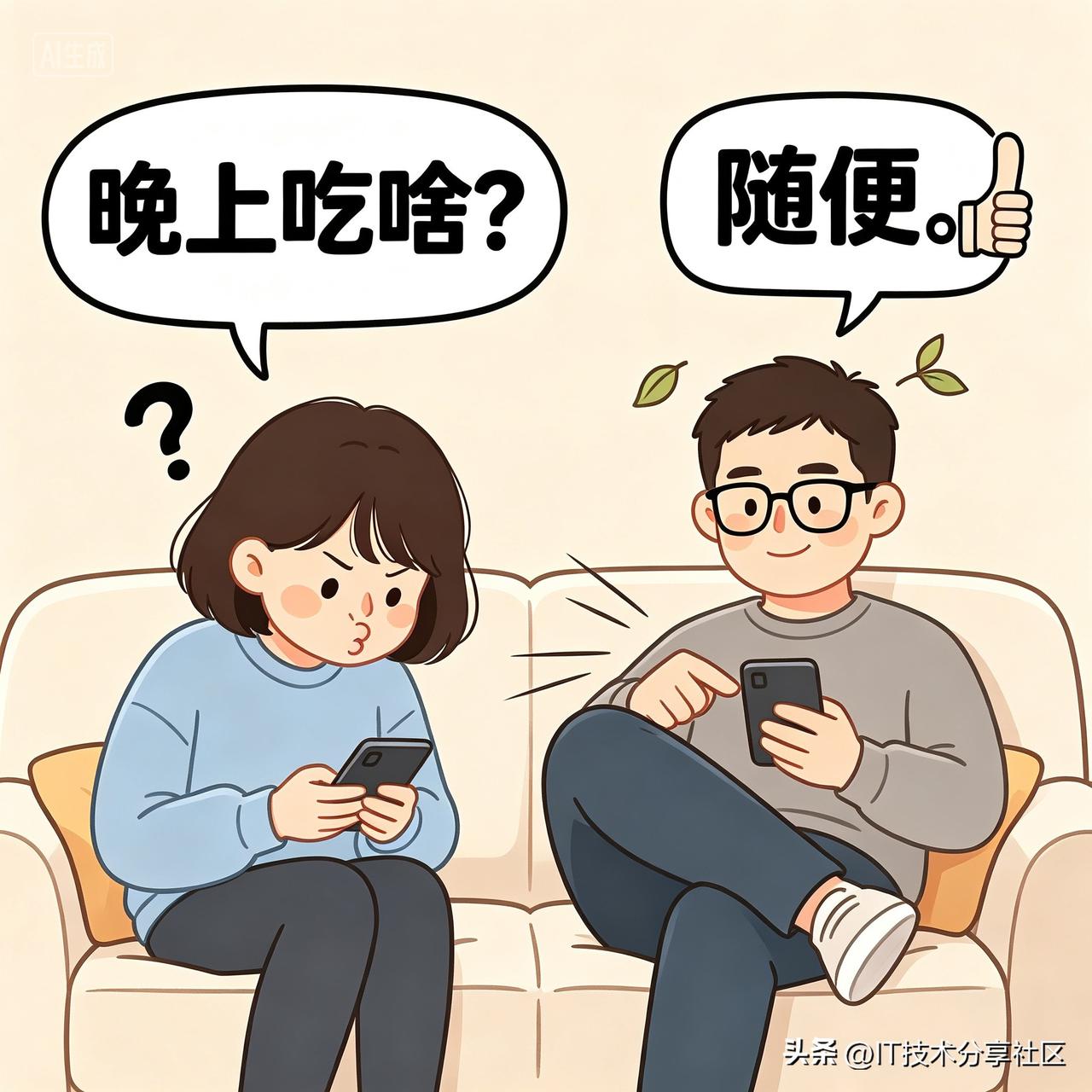 老婆在家庭群发消息：“晚上吃啥？”老公秒回：“随便。”老婆怒回：“什么叫随便？是