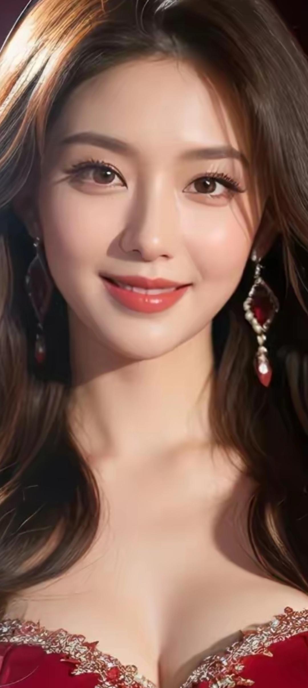 甜美红唇，优雅耳环，红衣美人，气质动人！💄👗💎