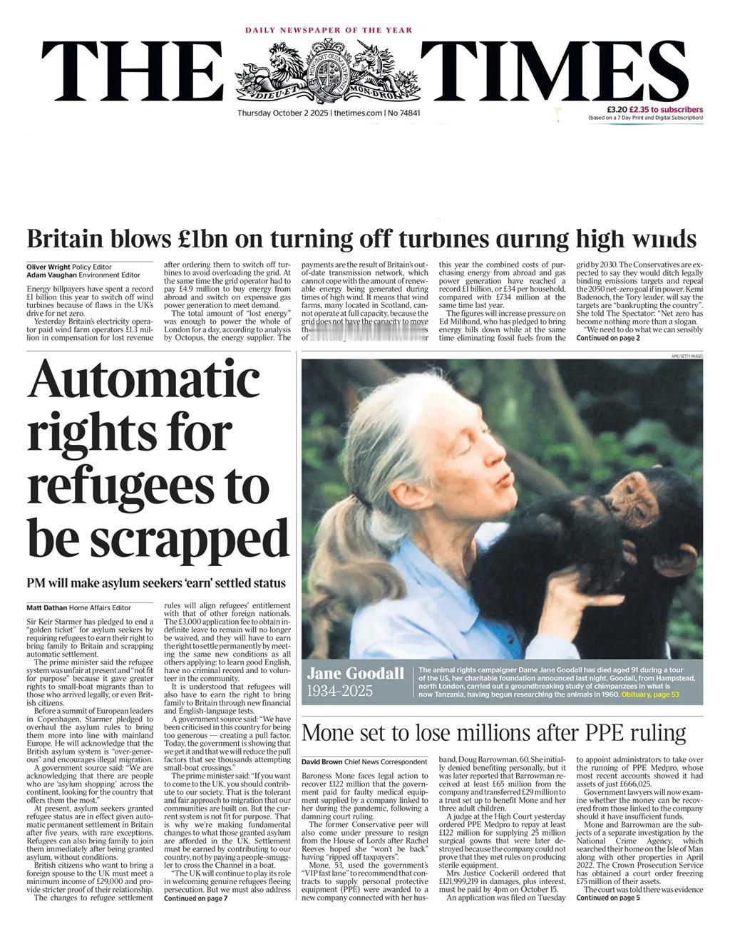 英国政府将改革非法移民宽松的制度。
《泰晤士报》的头条称，英国首相基尔·斯塔默爵