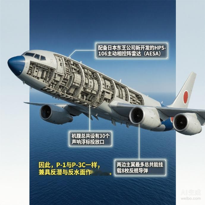军事ai新视野 P-1反潜巡逻机［日］机长：38米翼展：35.4米机高：12.1